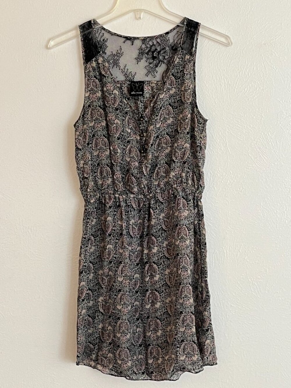 Ella Moss 100% Silk Gray Butterfly Lace Mini Dress Size S Fairycore Boho Y2K